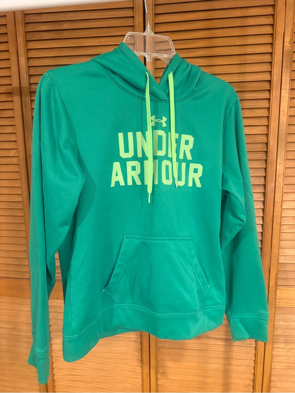 Unisex Under Armour Green Pullover Hoodie with Neon Drawstrings